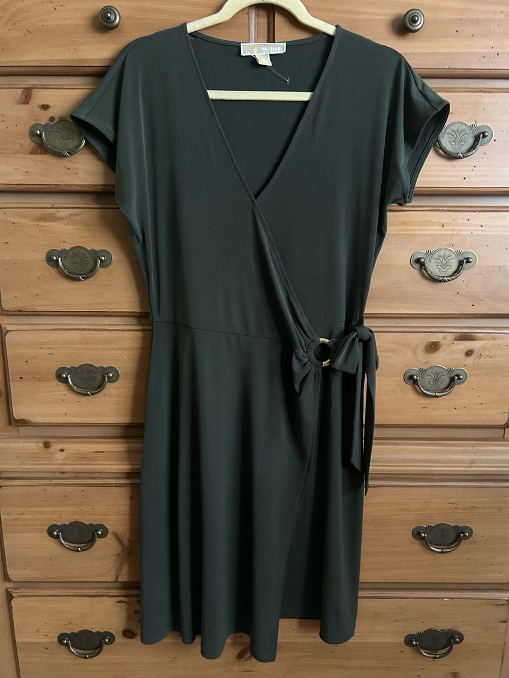 Michael Kor Olive Faux Wrap Short Sleeve Dress with Side Ring Tie